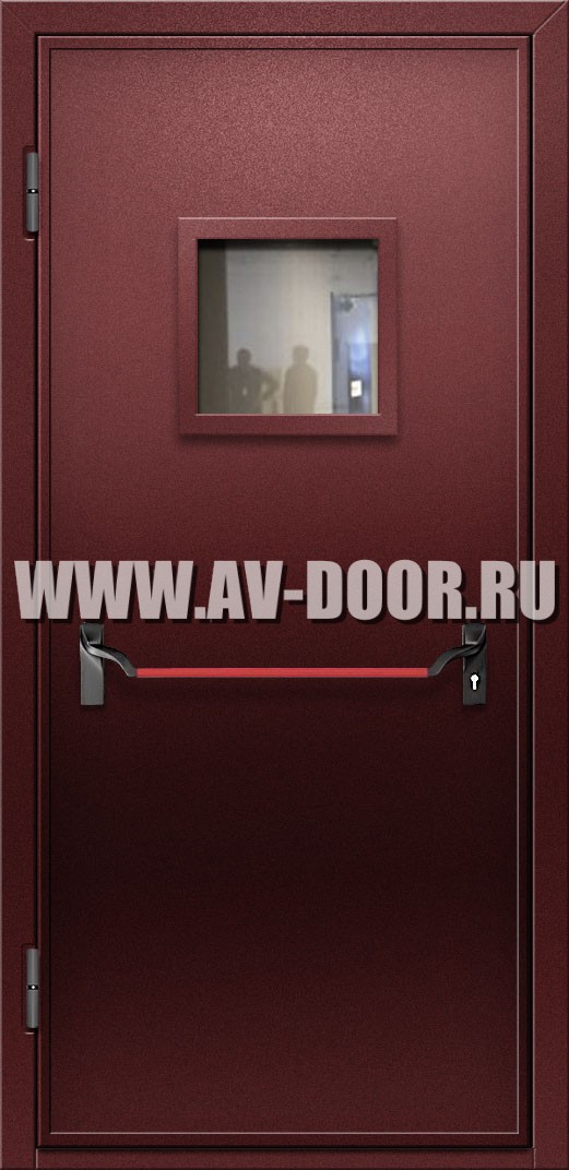 Противопожарная одностворчатая дверь с квадратным стеклом и антипаникой