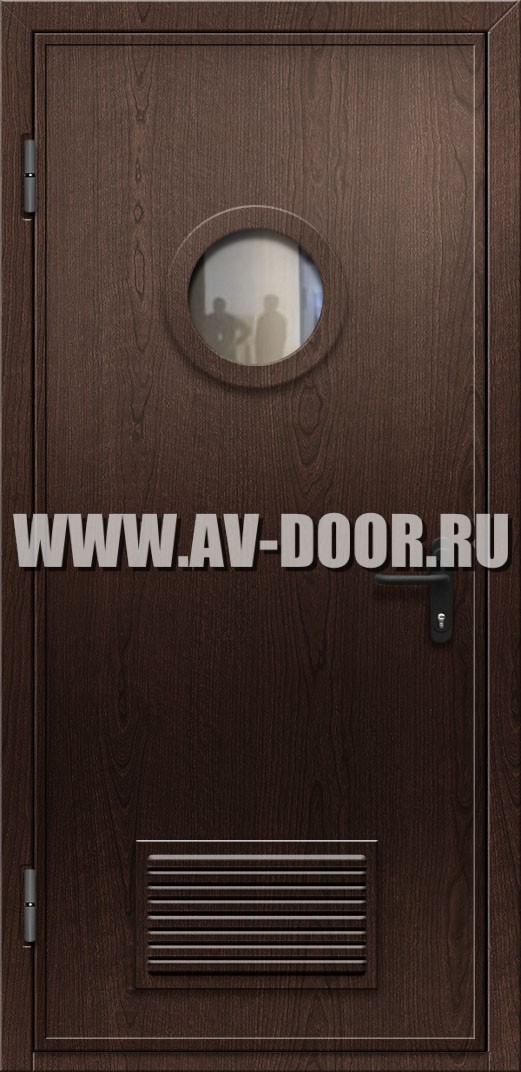 Противопожарная однопольная дверь из МДФ с круглым стеклом и вентиляцией