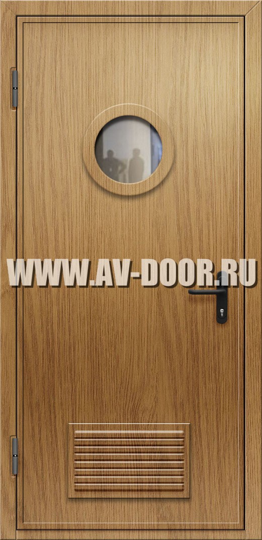 Противопожарная однопольная дверь из МДФ с круглым стеклом и решеткой