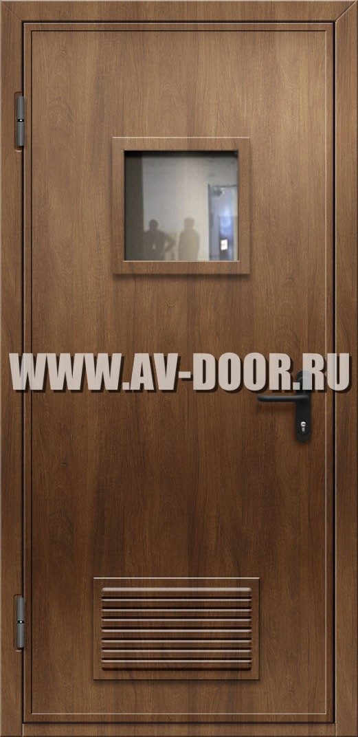 Противопожарная однопольная дверь из МДФ с квадратным стеклом и решеткой