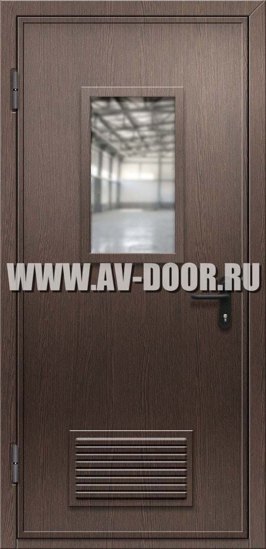 Однопольная противопожарная дверь из МДФ с прямоугольным стеклом и решеткой