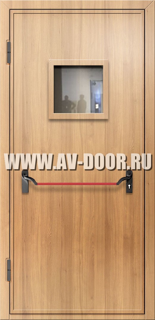 Противопожарная однопольная дверь из МДФ с квадратным стеклом и антипаникой