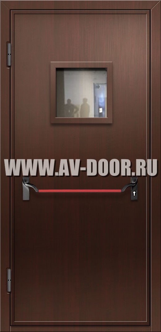 Противопожарная однопольная дверь из МДФ с квадратным стеклом и антипаникой
