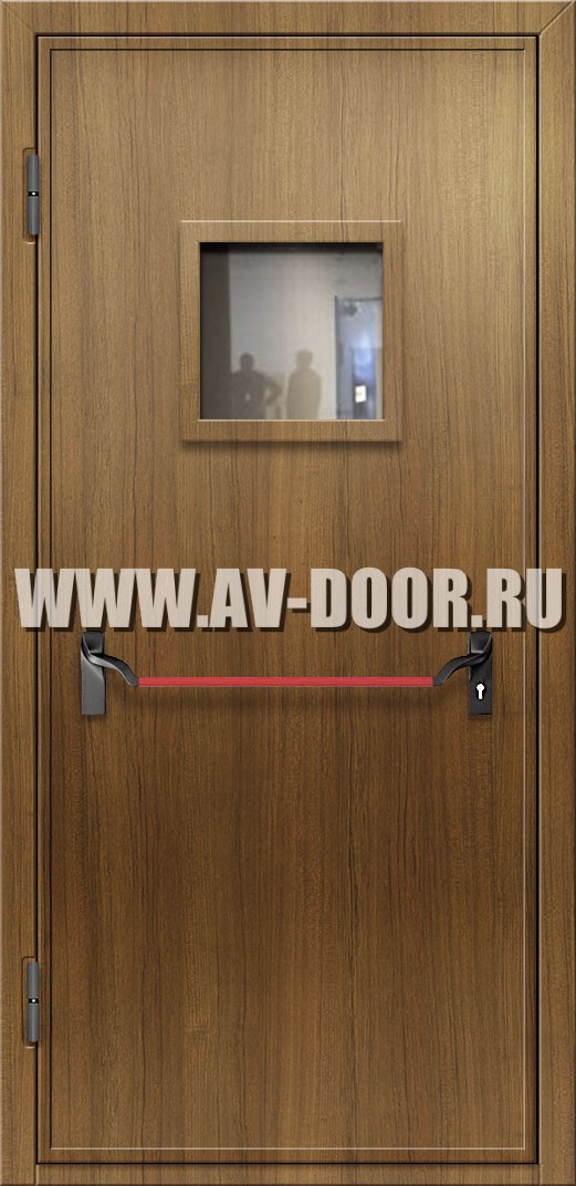 Дверь однопольная из МДФ с защитой от огня, квадратным стеклом и антипаникой