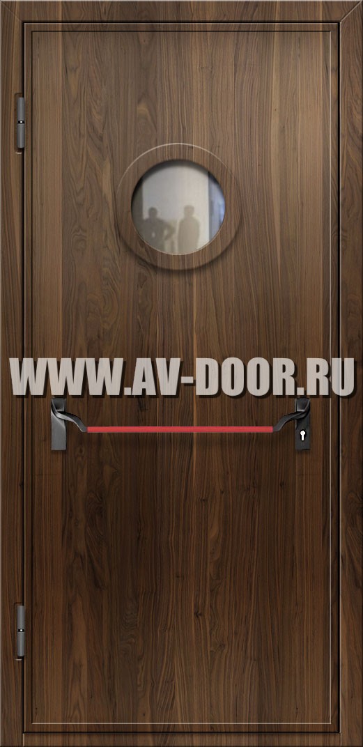 Одностворчатая противопожарная дверь из МДФ с круглым стеклом и антипаникой