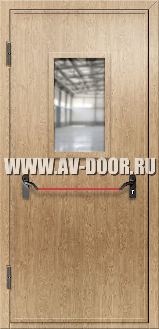 Одностворчатая противопожарная дверь из МДФ с прямоугольным стеклом и антипаникой