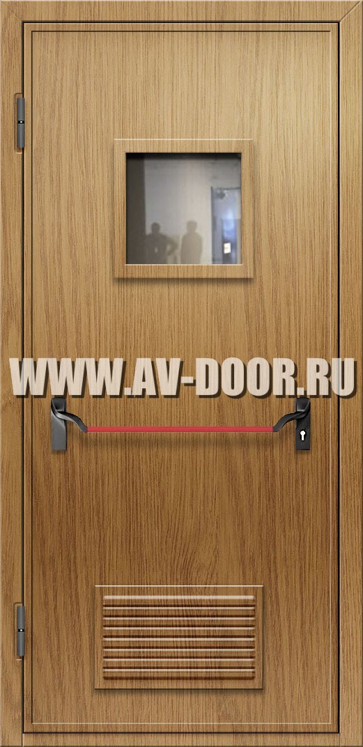 Противопожарная дверь из МДФ с квадратным стеклом, решеткой и антипаникой