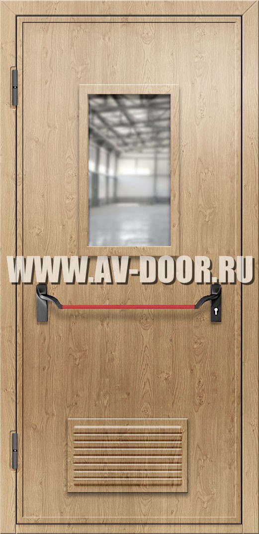 Противопожарная дверь из МДФ с прямоугольным стеклом, решеткой и антипаникой