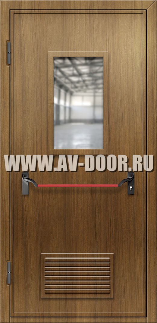 Противопожарная дверь из МДФ с прямоугольным стеклом, вентиляцией и антипаникой