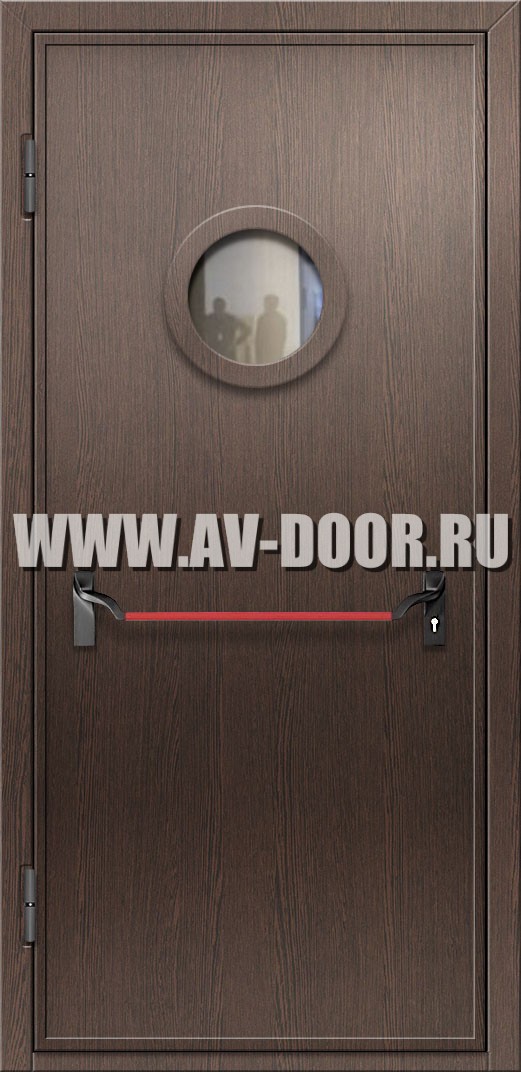 Противопожарная темно коричневая дверь из МДФ с круглым стеклом и антипаникой
