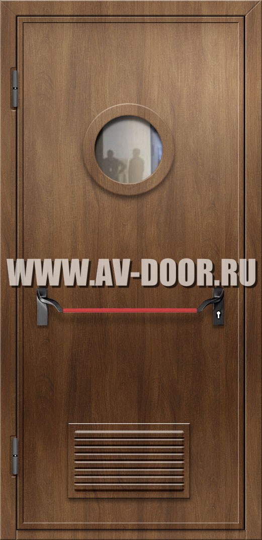 Дверь противопожарная с круглым стеклом, решеткой и антипаникой цвет зебрано