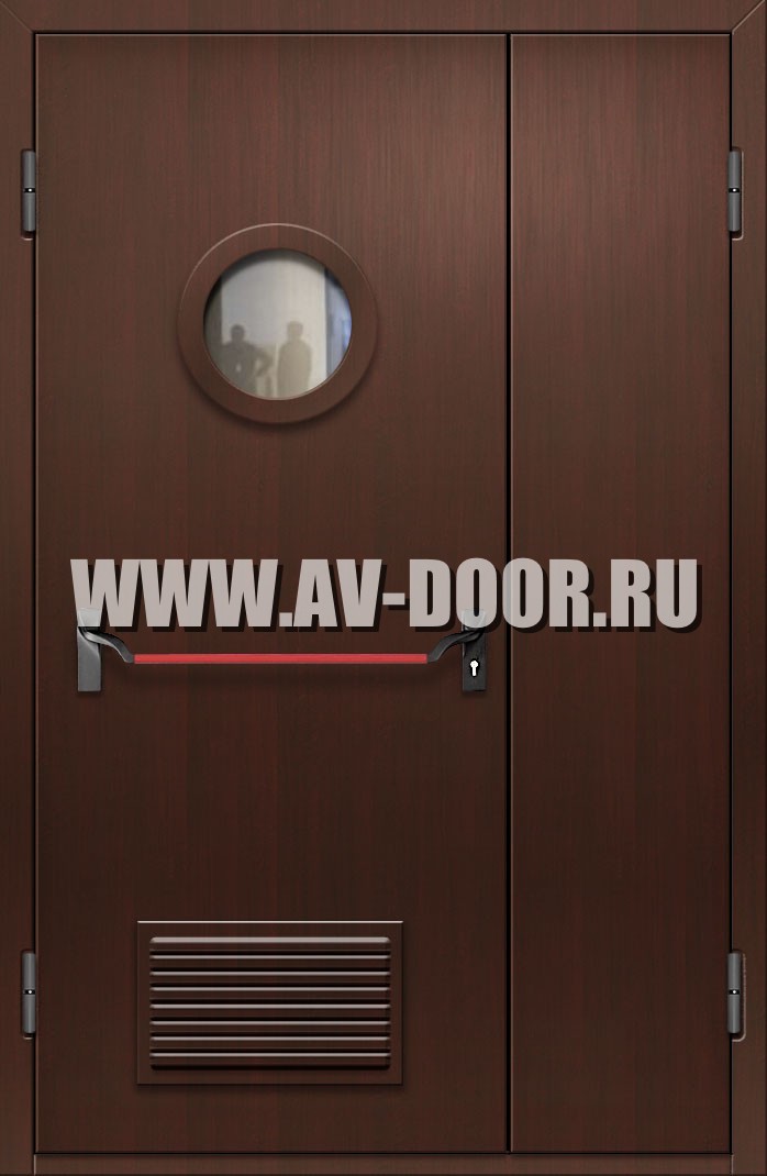 Противопожарная полуторостворчатая дверь из МДФ с круглым стеклом, решеткой и антипаникой