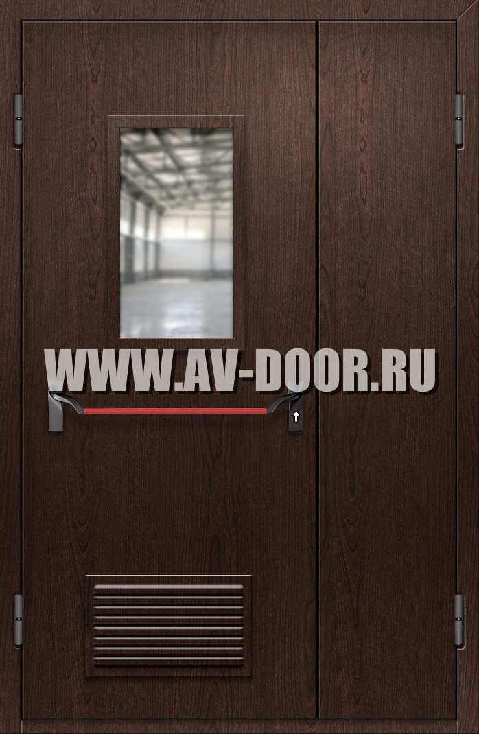 Противопожарная полуторная дверь из МДФ с прямоугольным стеклом, решеткой и антипаникой