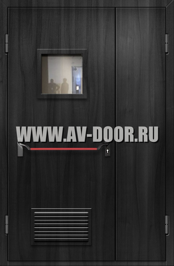 Противопожарная полуторная дверь из МДФ с квадратным стеклом, решеткой и антипаникой