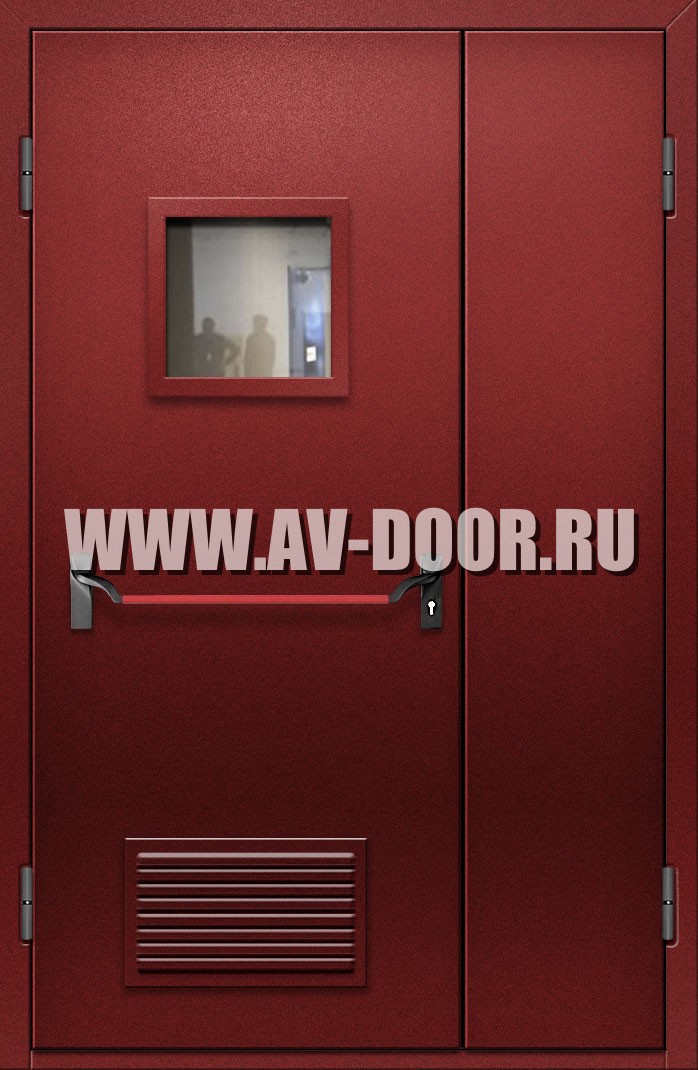 Противопожарная полуторостворчатая дверь с квадратным стеклом, решеткой и антипаникой