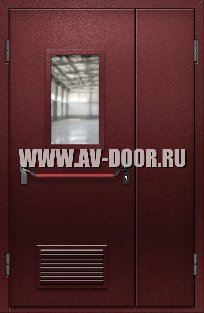 Противопожарная полуторная дверь с прямоугольным стеклом, решеткой и антипаникой