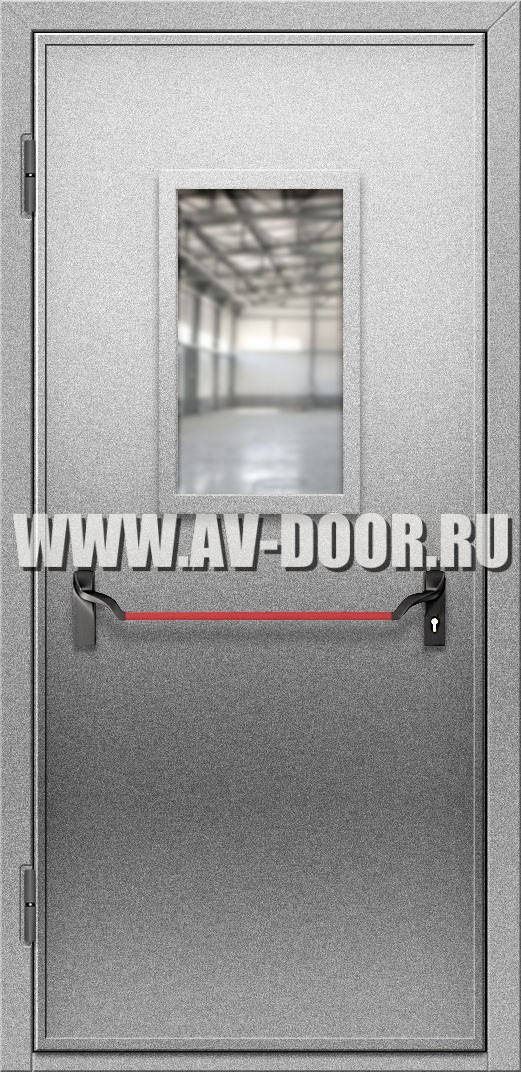Противопожарная дверь с прямоугольным стеклом, антипаникой и выпадающим порогом