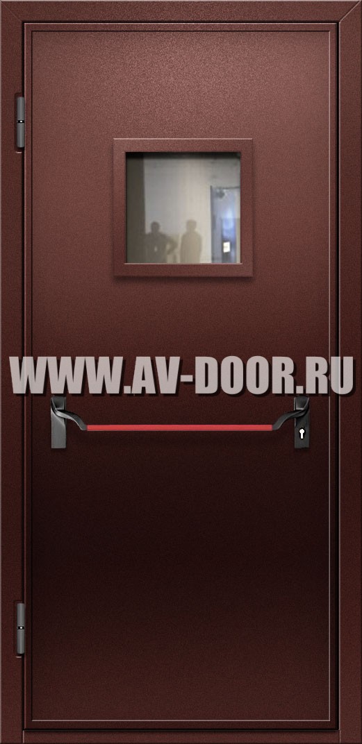 Противопожарная дверь с квадратным стеклом, антипаникой и выпадающим порогом