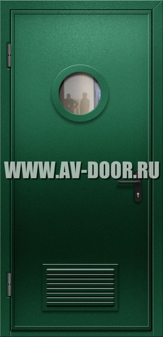 Противопожарная дверь с круглым стеклом, решеткой и выпадающим порогом