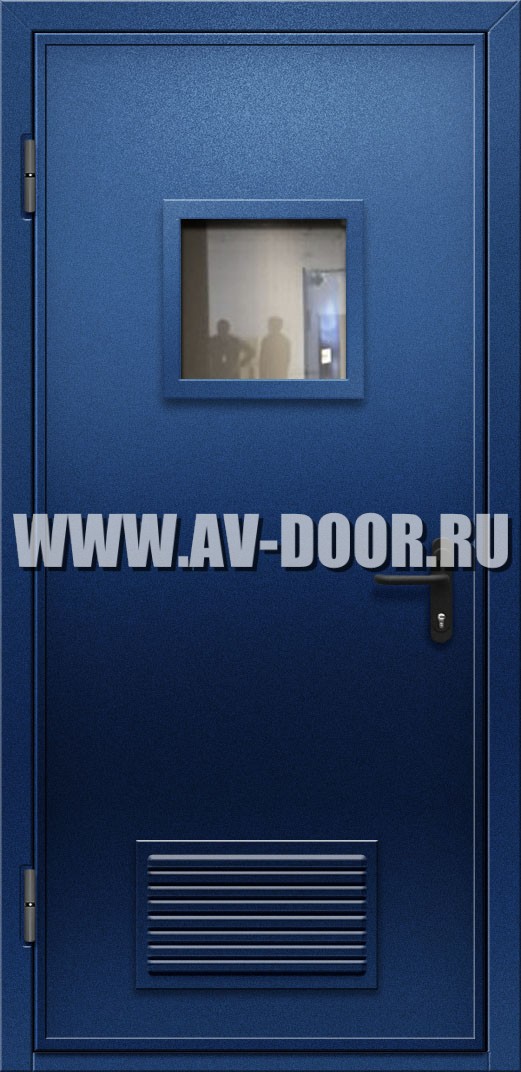 Дверь с защитой от огня, квадратным стеклом, решеткой и выпадающим порогом