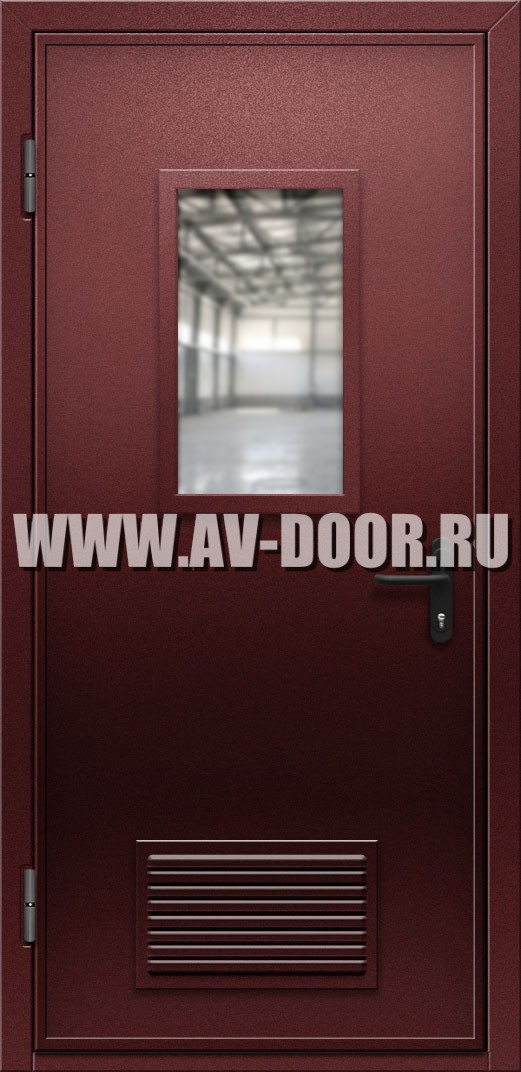Противопожарная дверь с прямоугольным стеклом, решеткой и выпадающим порогом