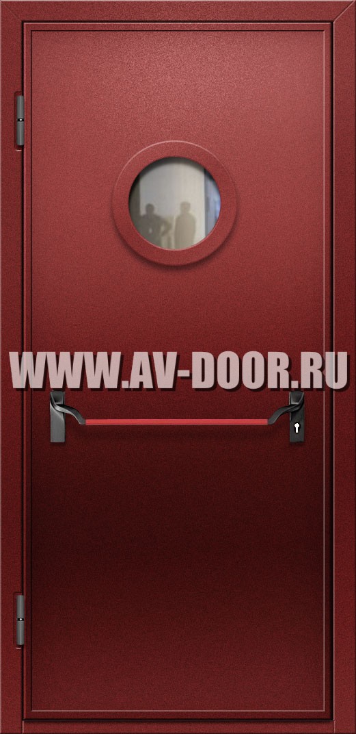 Дверь с защитой от огня, круглым стеклом, антипаникой и выпадающим порогом