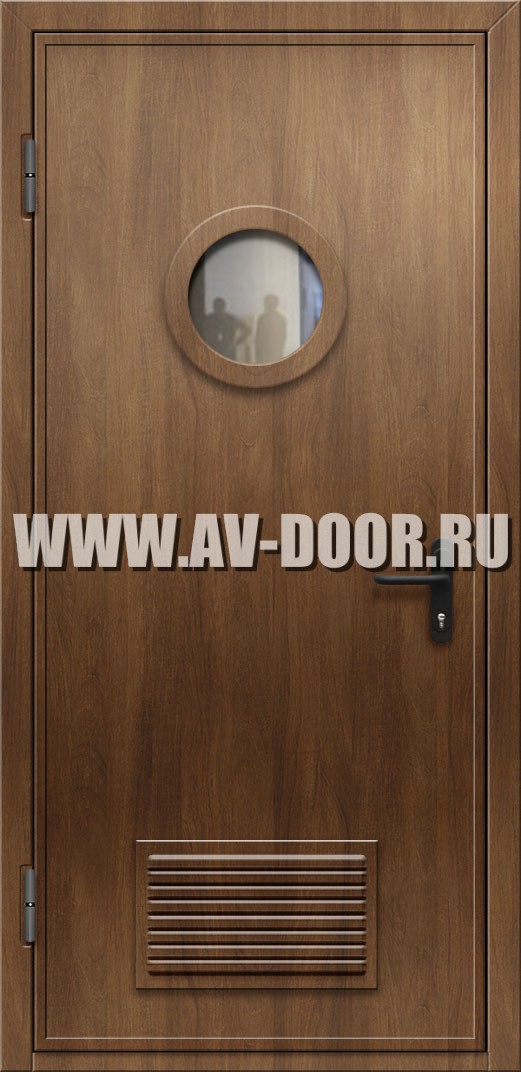 Противопожарная дверь из МДФ с круглым стеклом, решеткой и выпадающим порогом