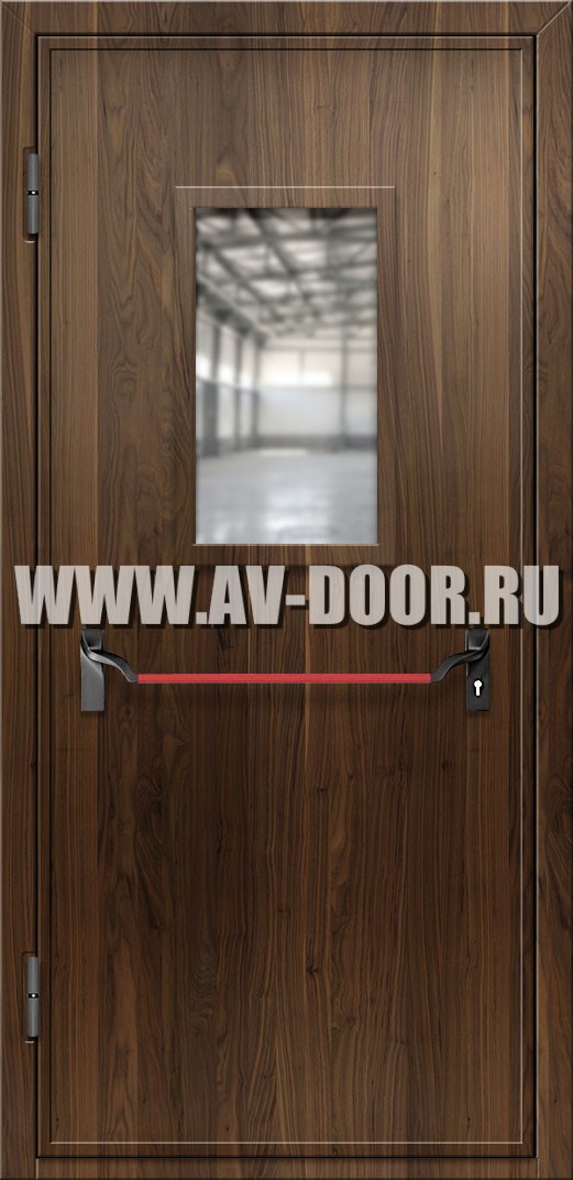 Дверь из МДФ с защитой от огня, прямоугольным стеклом, антипаникой и выпадающим порогом