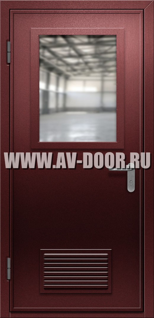 Противопожарная дверь с прямоугольным стеклом и решеткой коричневая