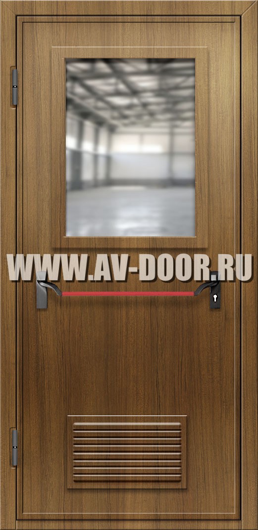Противопожарная дверь из МДФ с прямоугольным стеклом, вентиляцией и антипаникой