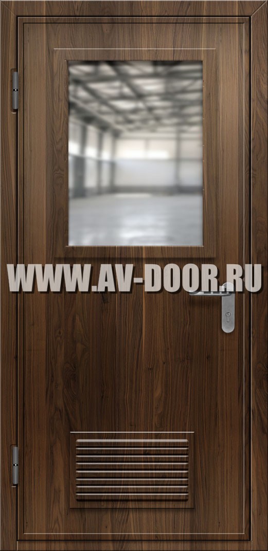 Противопожарная коричневая дверь из МДФ с вентиляцией и прямоугольным стеклом