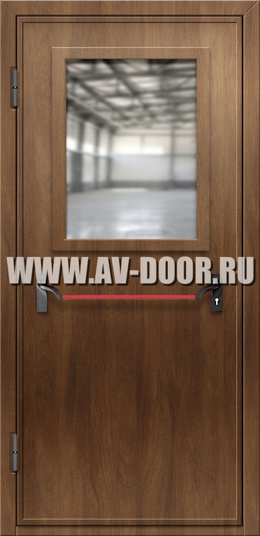 Противопожарная дверь из МДФ с антипаникой и прямоугольным стеклом