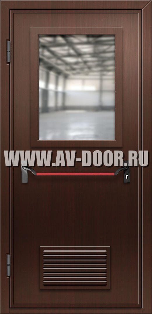 Противопожарная дверь из МДФ с вентиляцией, антипаникой и прямоугольным стеклом