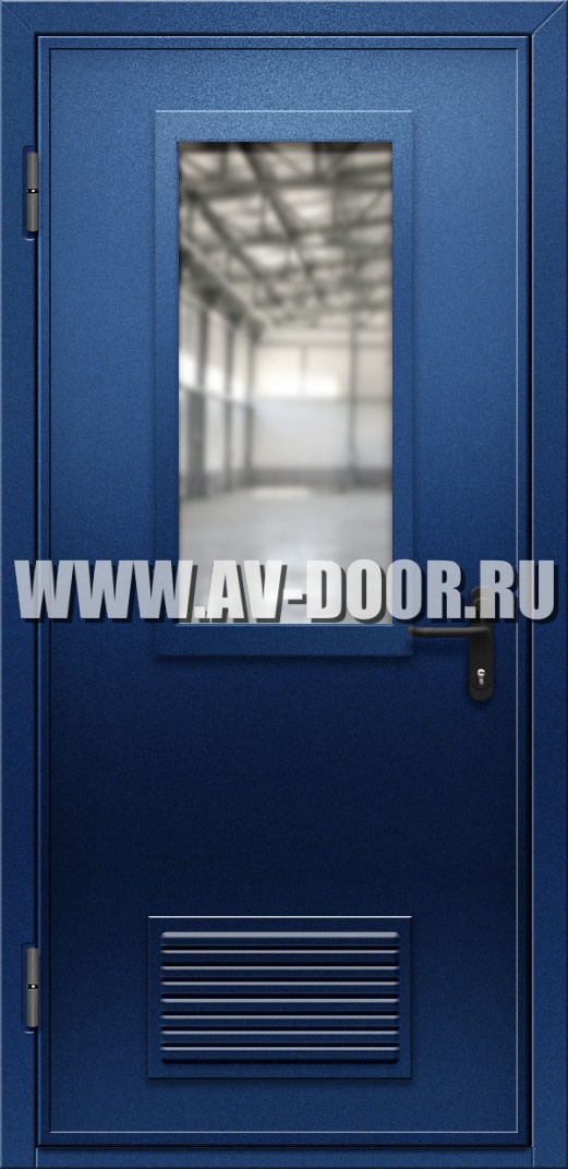 Одностворчатая противопожарная дверь с вентиляцией и прямоугольным стеклом