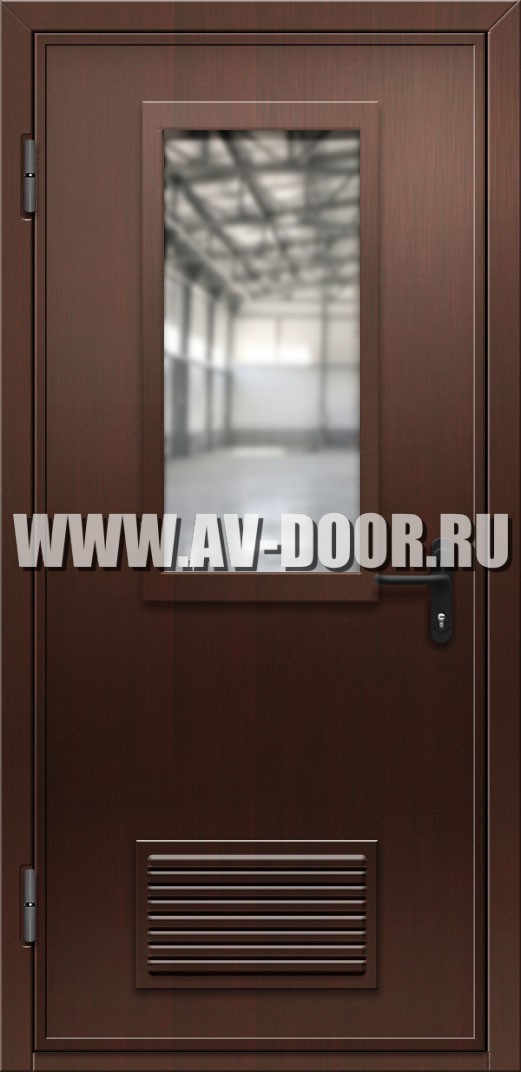 Одностворчатая противопожарная дверь из МДФ с вентиляцией и прямоугольным стеклом