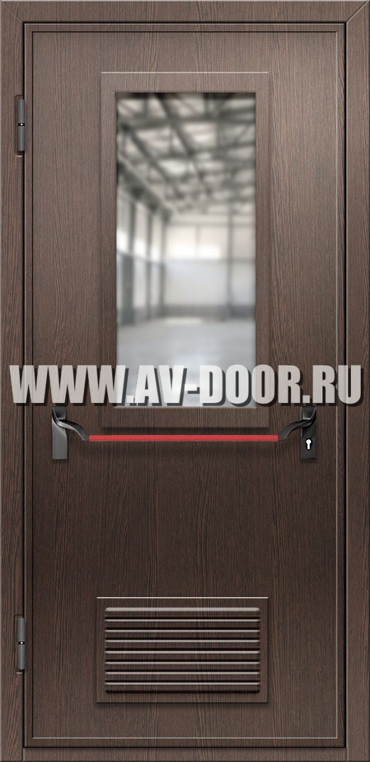 Противопожарная дверь из МДФ с антипаникой, прямоугольным стеклом и вентиляцией