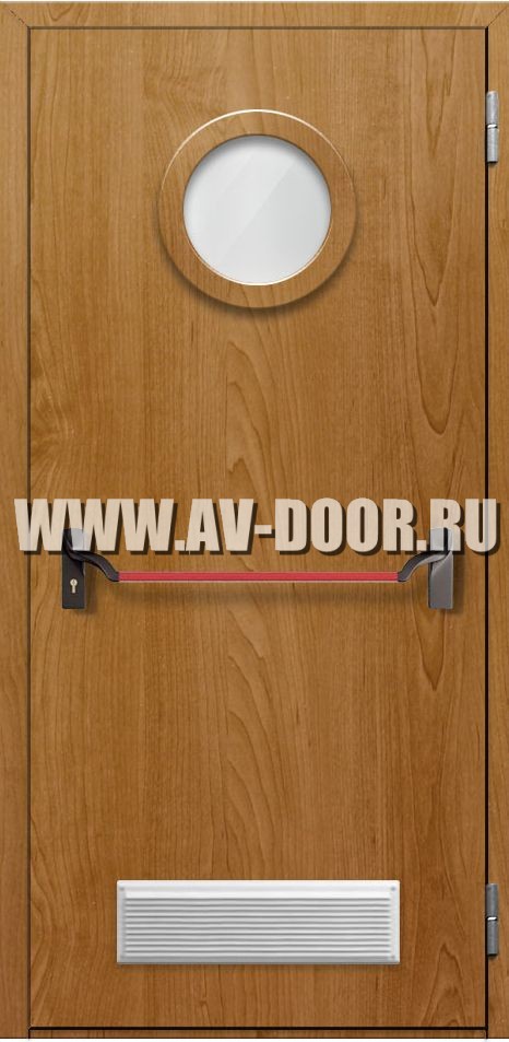 Дверь противопожарная однопольная со стеклом, вентиляционной решеткой и замком антипаника ДПР-41