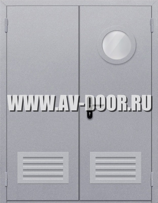 Дверь противопожарная двупольная с вентиляционной решёткой и порогом ДПР-47
