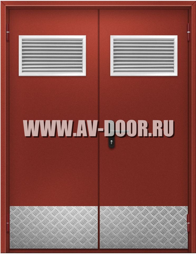 Дверь противопожарная двупольная остекленная с вентиляционной решёткой и порогом ДПР-49