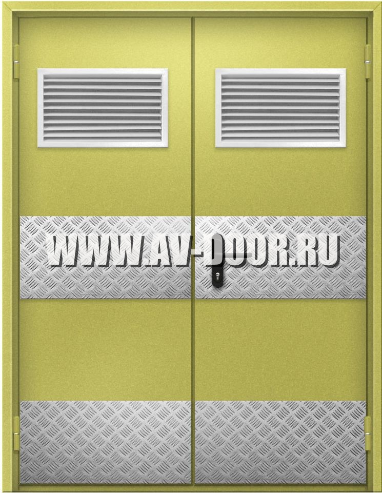 Дверь противопожарная двупольная с вентиляционной решёткой и стеклом ДПР-50