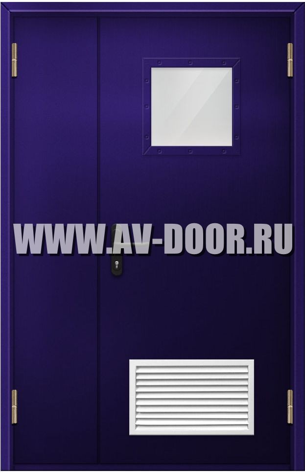 Дверь противопожарная двупольная с вентиляционной решёткой, порогом и стеклом ДПР-54