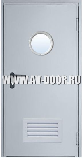 Дверь противопожарная однопольная с вентиляционной решёткой и стеклом ДПР-55