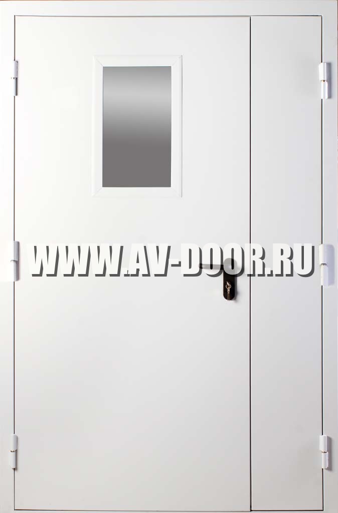 Полуторная противопожарная дверь со стеклом и порогом ДПП-04