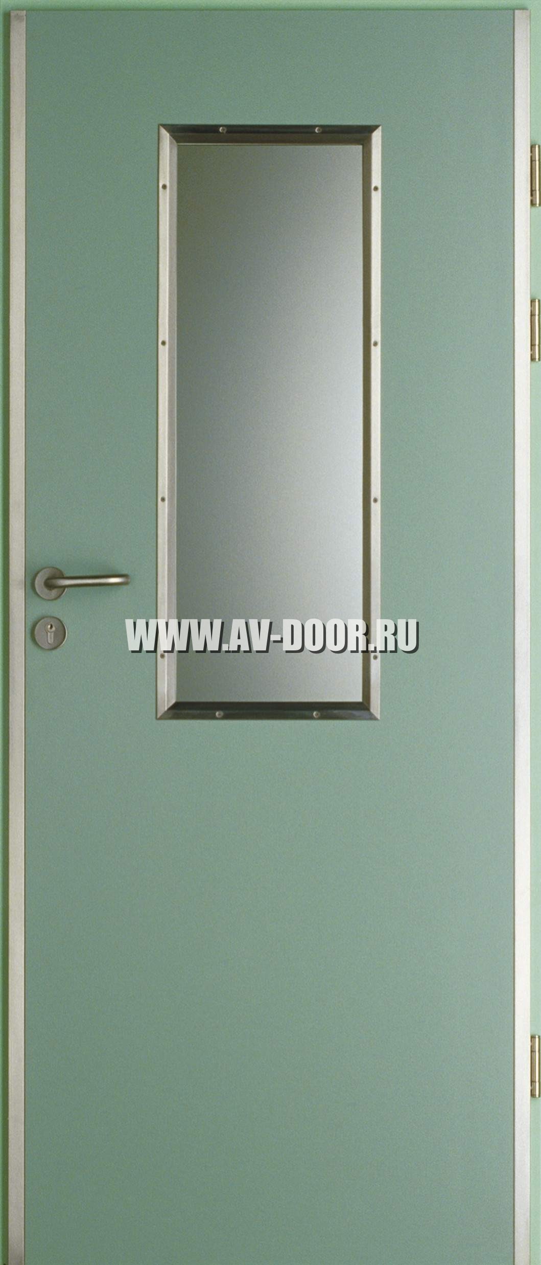 Дверь противопожарная однопольная с прямоугольным стеклом зеленоватая ДМП-1О