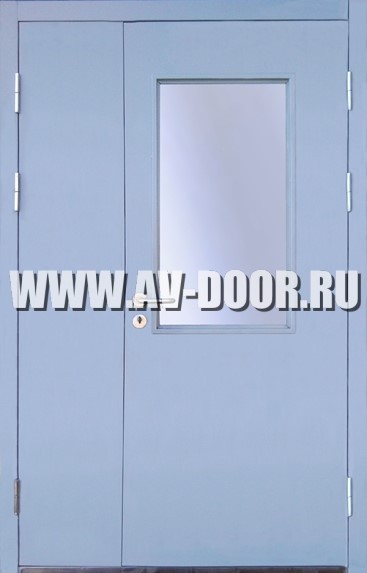 Дверь противопожарная двустворчатая с прямоугольным стеклом голубая ДМП-2О