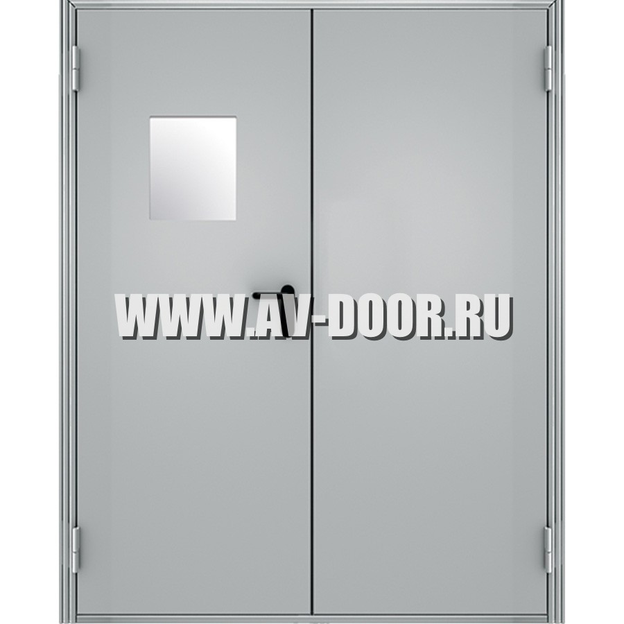 Дверь противопожарная двупольная с квадратным стеклом серая ДМП-2О