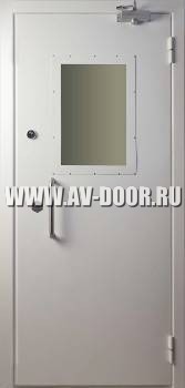 Дверь противопожарная однопольная с квадратным стеклом светло серая ДМП-1О