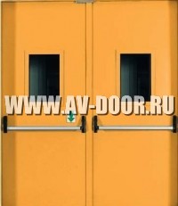Дверь противопожарная двупольная с прямоугольными стёклами и антипаникой ДМП-2О
