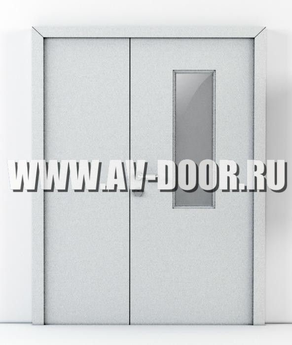Дверь противопожарная двупольная с выпадающим порогом и прямоугольным стеклом ДМП-2О