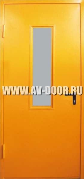 Дверь противопожарная с выпадающим порогом и прямоугольным стеклом желтая ДМП-1О